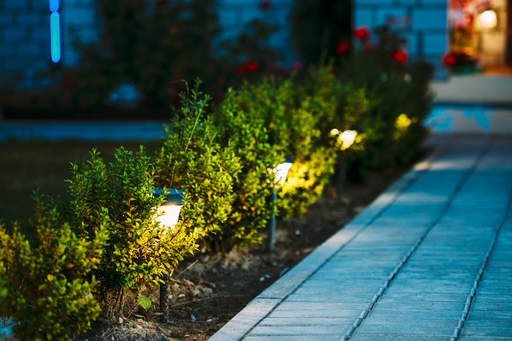 Night View Of Flowerbed With Flowers Illuminated By Energy Saving Solar Powered Lanterns Along Path Causeway On Courtyard Going To The House